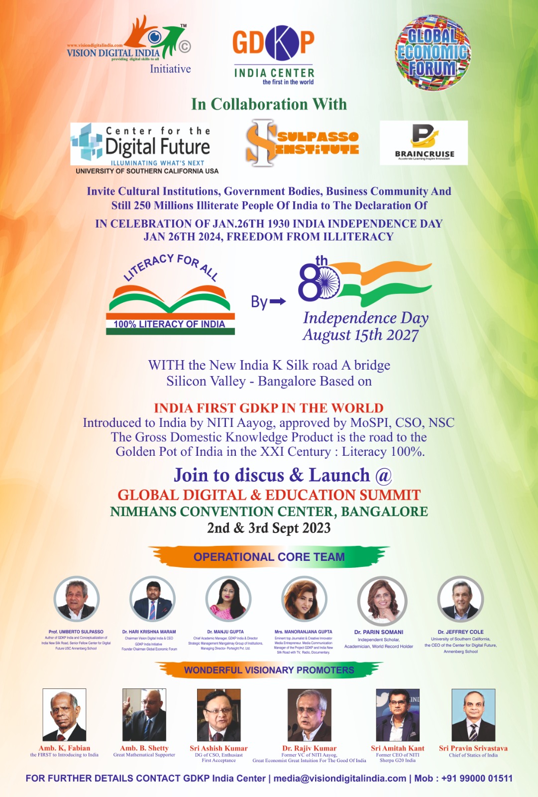 Switch GDP to GDKP Only 100 Literacy Can Catapult Bharat to Reach No 1 Economy by 2047 .