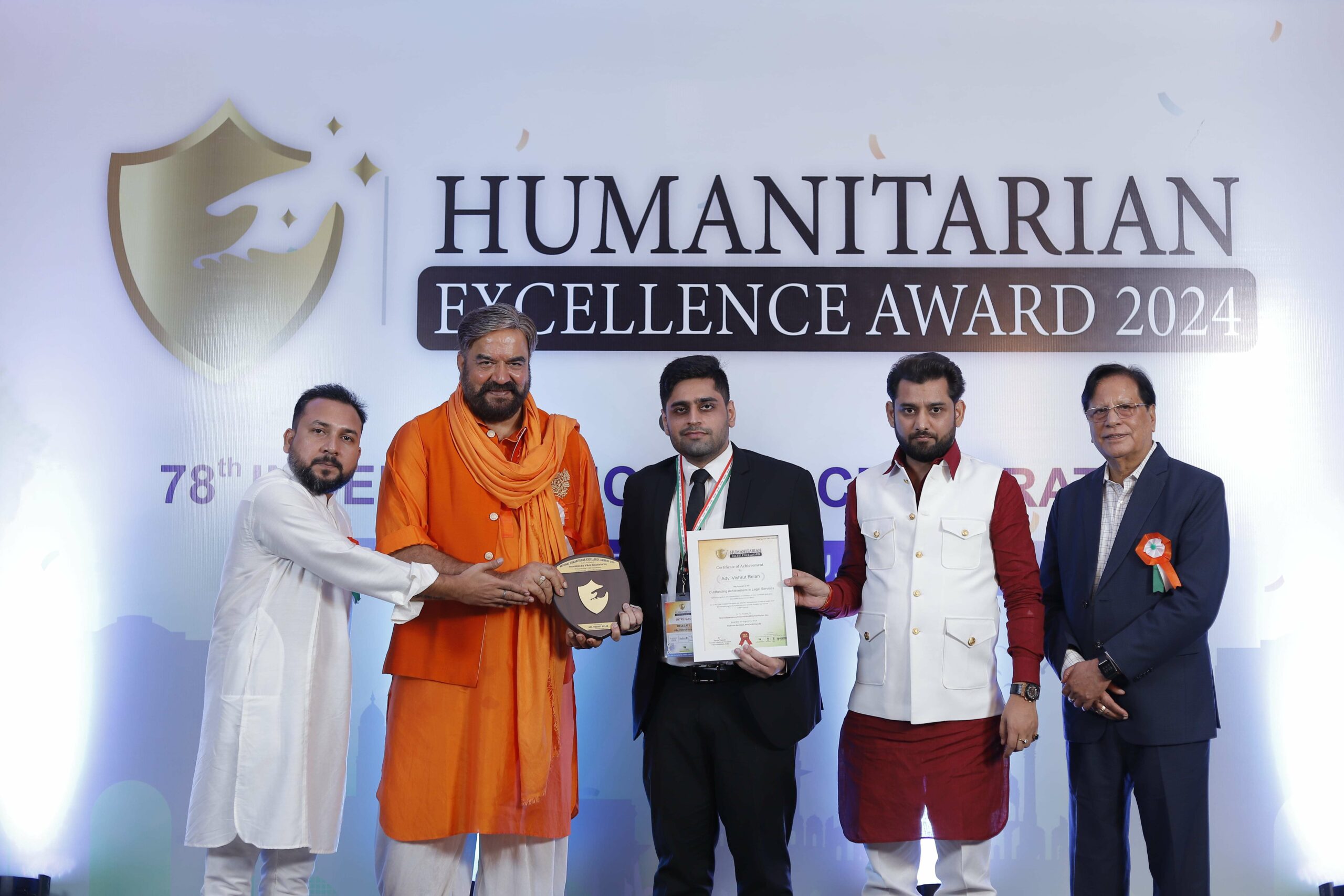 Advocate Vishrut Relan, Founder of Relan’s Legal Honoured with National Humanitarian Excellence Award on the occasion of 78th Independence Day and World Humanitarian Day.