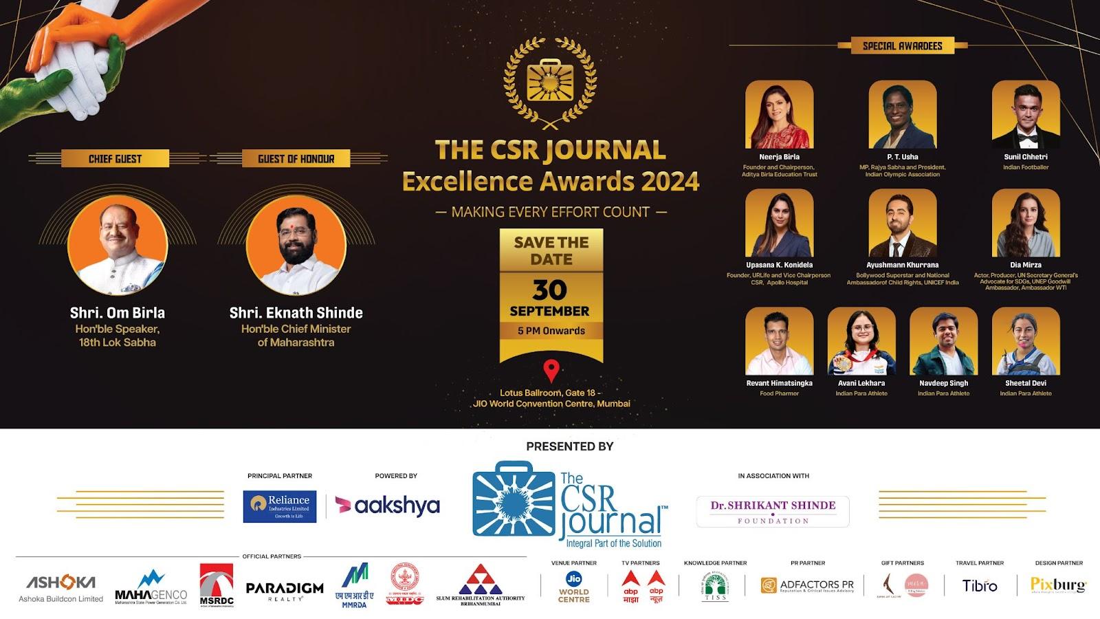 7th Edition of The CSR Journal Excellence Awards on 30th September 2024 at Jio World Convention Centre, Mumbai 